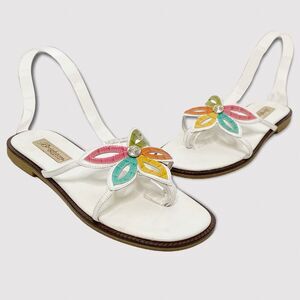 Brighton Womens Sandals Omega Flip Flops White Leather Colorful Flower Shoes 8.5